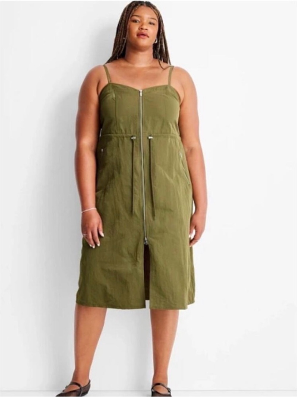 Nylon ZipFront Midi Dress Future Collective Olive
Smocked Back Adjustable straps